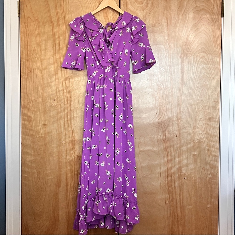 Purple Ruffled Maxi Sundress with Puff Sleeves and Peter Pan Collar